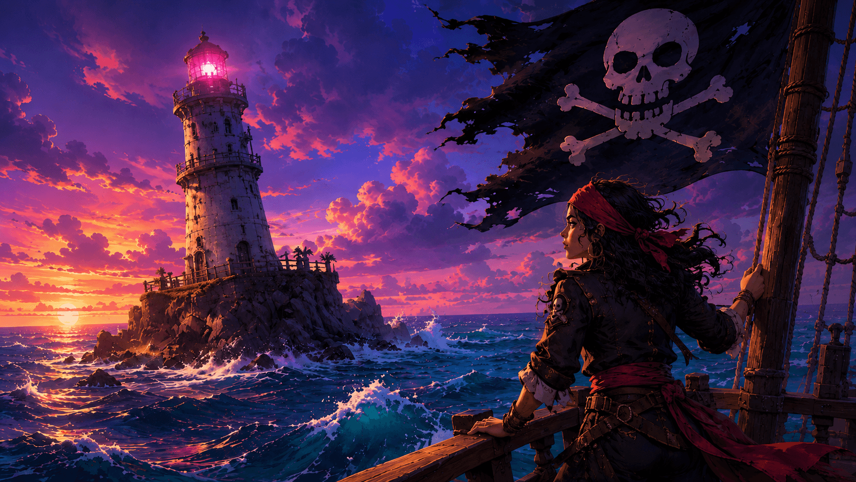 Pirate ships crossing the bright waters of the Pearling Seas